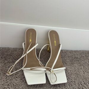 Fashion Nova White Strappy Heels with Gold Accents